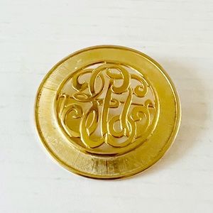 Vintage Monogram Gold Tone Open Work Large Round Pin Brooch